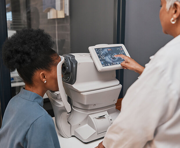 Woman undergoing cataract diagnosis and surgery co-management